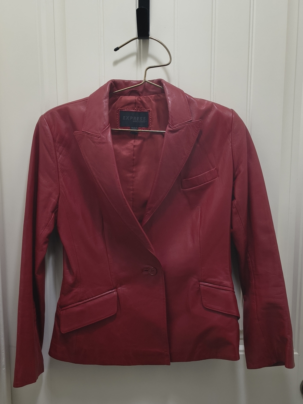 Vtg 90s Y2K Express World Brand Genuine Leather Blazer —‎ Burgundy Size 3/4